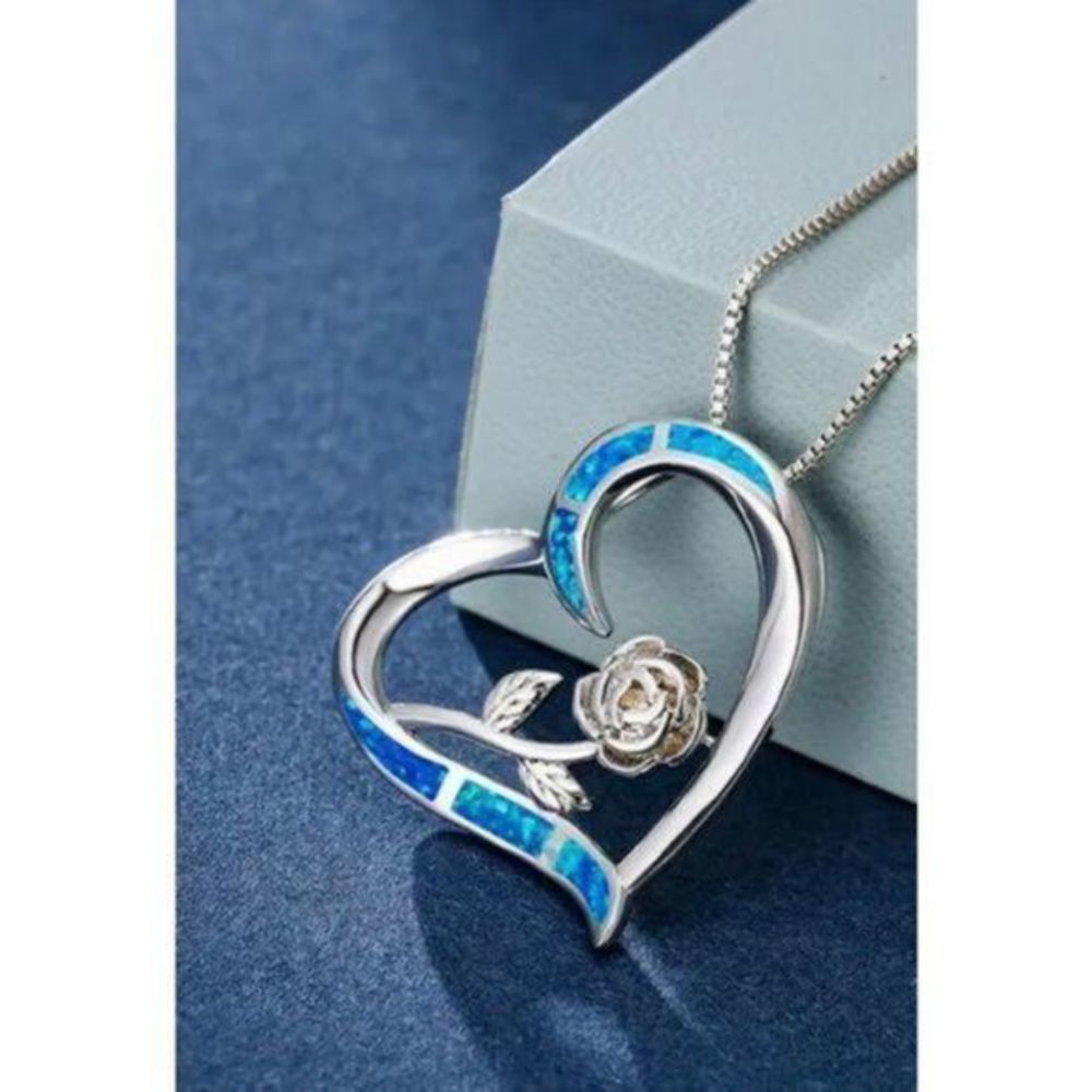 BLUE OPAL ON SILVER HEART ROSE NECKLACE